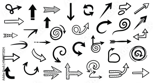 A diverse collection of black and white arrows pointing in various directions