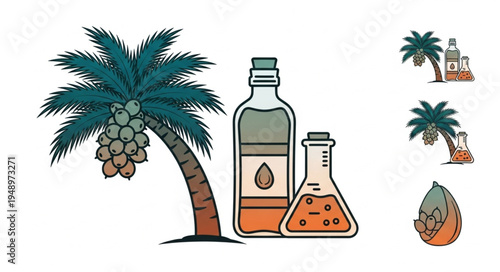 Coconut Palm Tree with Oil Bottles - Natural Beauty and Tropical Essence.
