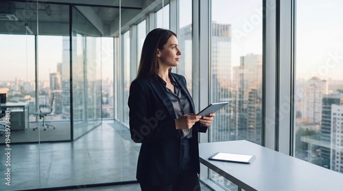 Business woman stands by window looking over city skyline at sunset holding tablet in modern office space