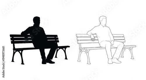 Two men seated on park benches one depicted as a silhouette