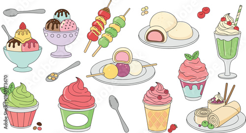 Sweet dessert food vector set with ice cream cupcakes mochi skewers roll cake colorful treats illustration collection isolated background