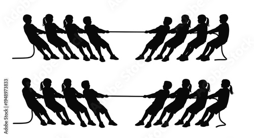 Children engage in a spirited tug of war game depicted in silhouette