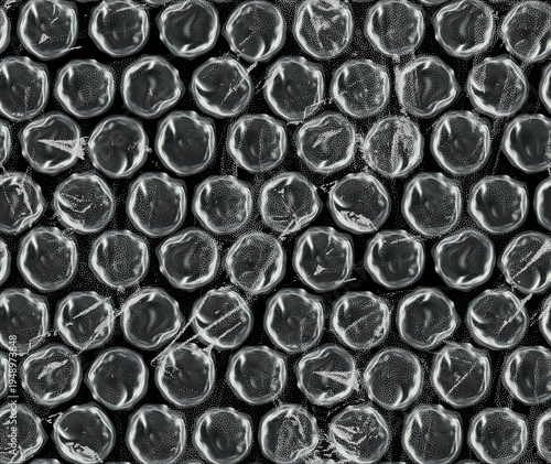 Seamless bubble wrap packaging pattern, tileable plastic cushion texture with grainy air cells and transparent circle elements on black