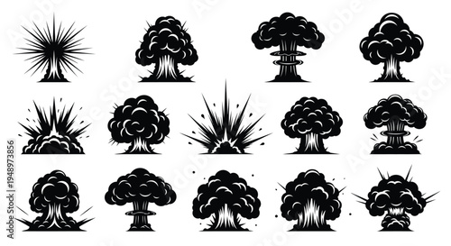 Various explosion shapes depicted in a striking black silhouette