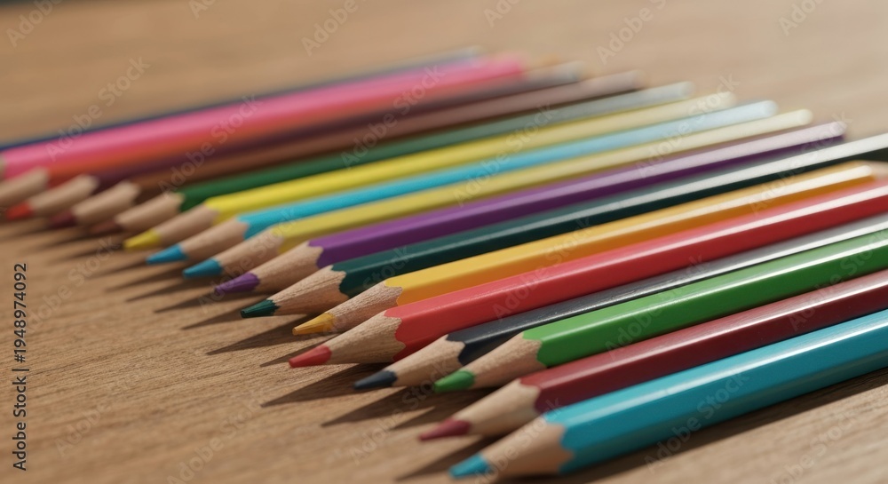 Fototapeta premium Row of colorful pencils on a wooden surface