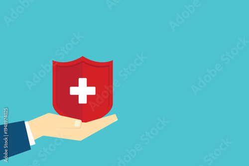 Health Insurance Protection Concept – Hand Holding Medical Shield with Cross Symbol, Healthcare Safety, Medical Coverage, Hospital Care Security Flat Vector Illustration