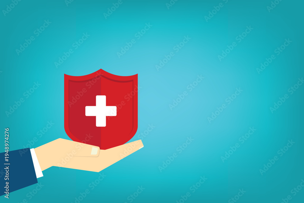 Obraz premium Health Insurance Protection Concept – Hand Holding Medical Shield with Cross Symbol, Healthcare Safety, Medical Coverage, Hospital Care Security Flat Vector Illustration
