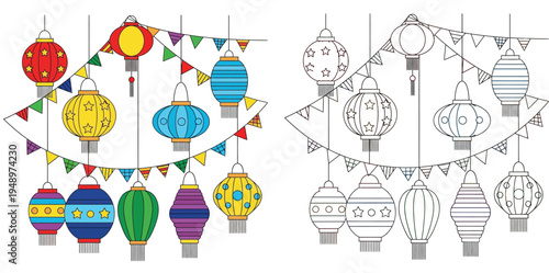 Festive paper lanterns and party bunting garland. Colorful illustration alongside a black and white line art outline for kids coloring book page.