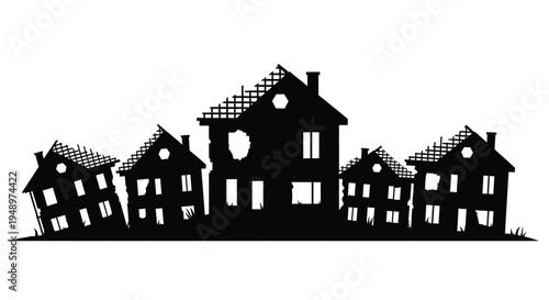 Ruined buildings against a white background a striking silhouette