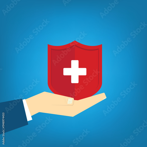 Health Insurance Protection Concept – Hand Holding Medical Shield with Cross Symbol, Healthcare Safety, Medical Coverage, Hospital Care Security Flat Vector Illustration