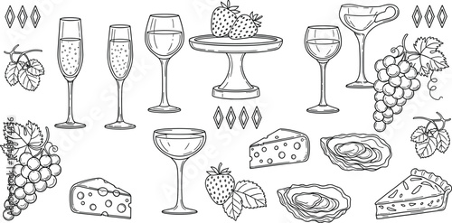 Ancient Greek mythology collection with pegasus temple spartan helmet and harp in cad drawing flat vector illustration isolated on white.