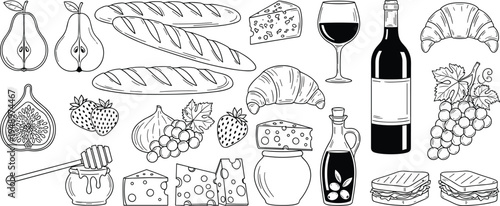 French food collection with wine cheese baguette and grapes in cad drawing flat vector illustration isolated on white background set.