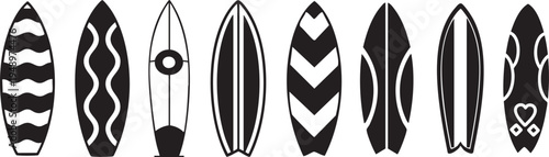 Surfboard silhouette vector set with different modern board shape and pattern. Minimal black beach sport collection perfect for summer design, surfing theme, travel graphics, logo, poster and branding