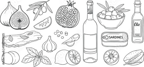Mediterranean food collection with wine olives figs pomegranate and sardines in cad drawing flat vector illustration isolated on white background set.