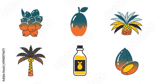 Collection of Tropical Fruits and Palm Oil Products in Vector Style.