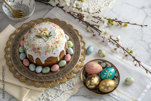 A large Easter cupcake with white icing is surrounded by painted eggs on a beautiful plate surrounded by flowers.