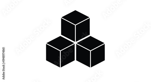 Black geometric composition featuring three cubic shapes arranged in a triangle