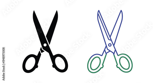 Two pairs of scissors one black and one blue depicted in a simple outline style