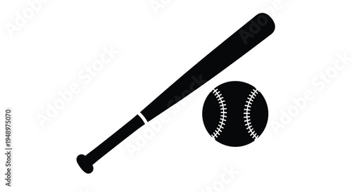 A black silhouette of a baseball bat and ball on a white background