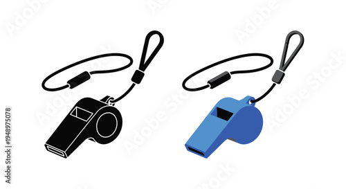 Two depictions of a sports whistle with a lanyard one in color and one monochrome