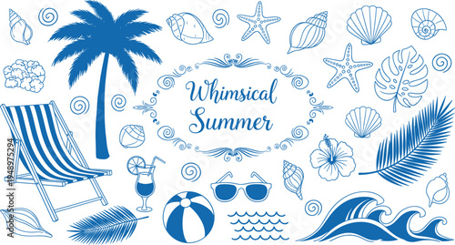Whimsical summer beach collection with palm tree sea shells waves and deck chair in cad drawing flat vector illustration style.