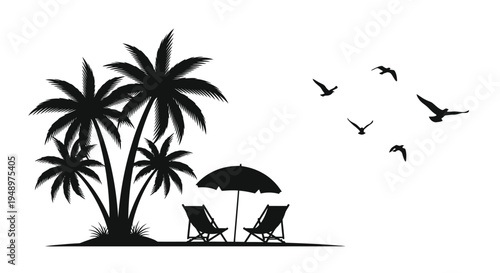 Tropical beach scene with palm trees birds and lounge chairs