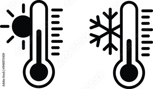 llustration of thermometers with sun and snowflake symbols, showing hot and cold temperatures, weather and climate concept for education and design