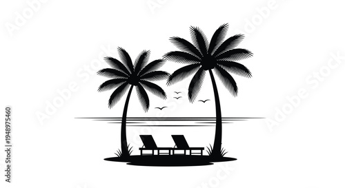 Minimalist illustration of palm trees beach chairs and a tranquil ocean scene