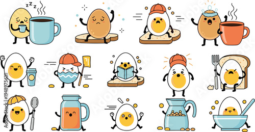 Cute egg cartoon breakfast characters vector set cooking eating coffee toast cereal kawaii food mascot illustration collection isolated background