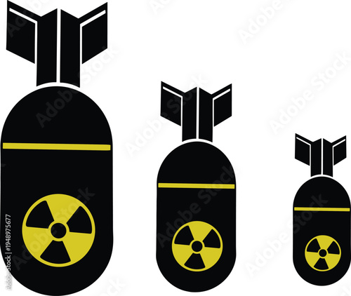 Nuclear bomb icon set with radiation symbol atomic warhead silhouettes isolated on white background military weapon danger vector illustration