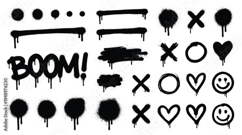 Black paint spray elements dots lines crosses hearts and symbols drip on surfaces, collection of street marks isolated on a clear white background