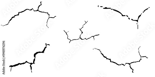 Surface cracks and fissures in ground, concrete, crevices from disaster top view. Breaks on land surface from earthquake isolated on white background. Broken ground, wall, glass pattern effect. eps 10