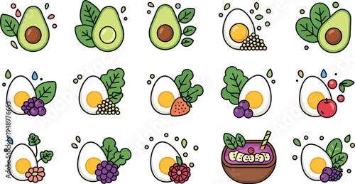 Healthy breakfast food icons vector set with avocado eggs fruits and grains nutrition organic diet meal illustration collection isolated background