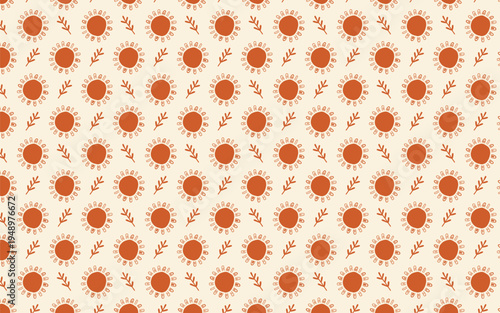 Seamless boho pattern with hand drawn terracotta suns and botanical leaves