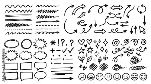Black hand drawn arrows, speech bubbles, geometric shapes, hearts, stars, and facial expressions arranged on a simple white background for note taking