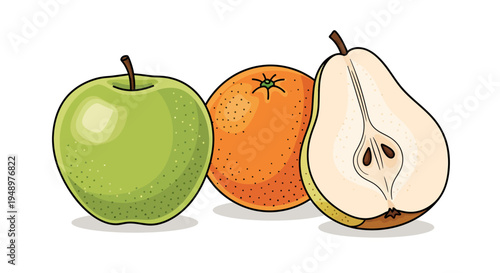 Fresh green apple, ripe orange, and a half-sliced pear arranged together, isolated white background.