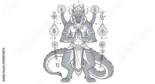 Intricate monochrome illustration of a powerful multi-armed mythical deity with traditional symbols, isolated white background.
