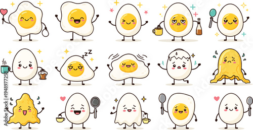 Cute fried egg cartoon characters vector set breakfast food mascots with funny emotions cooking eating kawaii style illustration collection isolated background