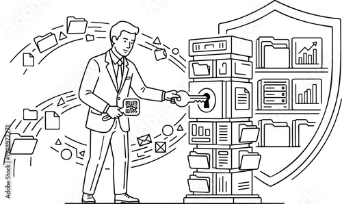 Line art vector of secure data server, cybersecurity shield and businessman with key