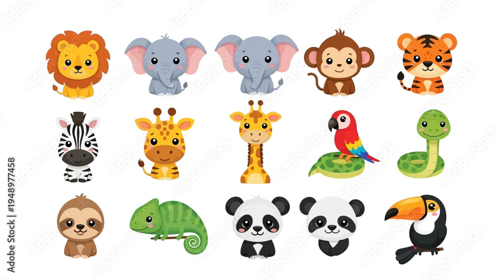 Fototapeta premium Set of cute cartoon jungle animals