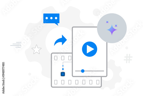 Concept treamlining video editing and sharing with creative tools and artificial intelligence illustration depicting video editing, content sharing, and AI integration for creative projects. 