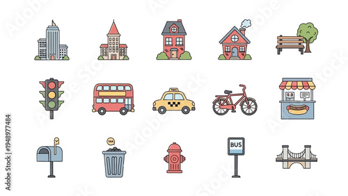 Collection of urban city icons with buildings, vehicles and services.