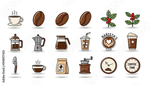 Collection of coffee-related icons and elements.