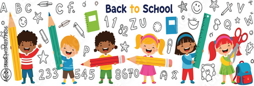 Back to School Cartoon Kids with Giant Pencils, Ruler and Scissors Surrounded by Education Doodles, Letters and Numbers for Classroom Learning Design