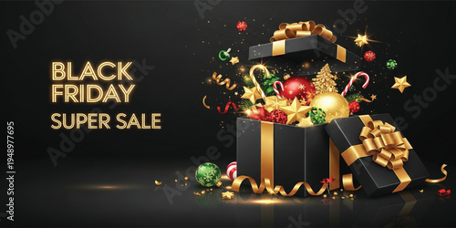 Black Friday Super Sale Banner with Luxury Gift Box Christmas Decorations Golden Ribbon Festive Ornaments Holiday Shopping Discount Promotion Design