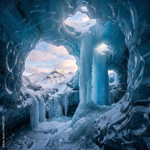 Majestic Blue Ice Cave with Intricate Formations and Mountain View