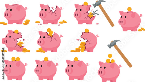Piggy bank saving process illustration with coins, cracked piggy bank and hammer, money deposit and financial growth concept cartoon vector set