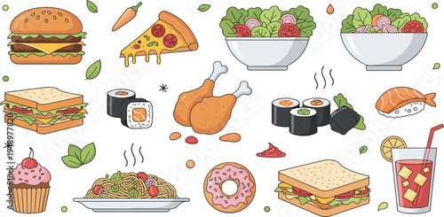 Cartoon Fast Food and Meal Collection with Burger, Pizza, Sushi, Salad, Donut, Pasta and Sandwich Icons for Restaurant Menu and Food Design