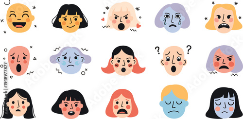 Cartoon Emotional Faces Set Showing Different Human Feelings Like Happy, Angry, Sad, Crying, Confused and Surprised Expressions for Psychology and Communication Design