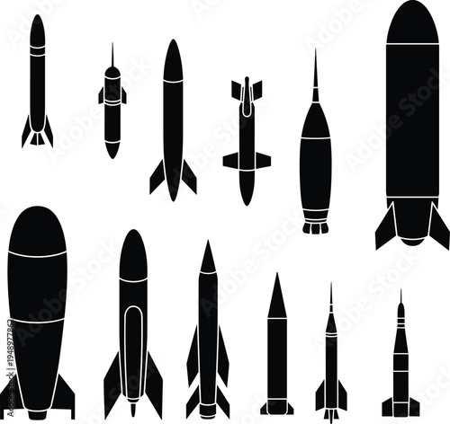 Rocket and missile silhouette collection featuring space launch rockets, military missiles and spacecraft shapes for aerospace technology and space exploration design